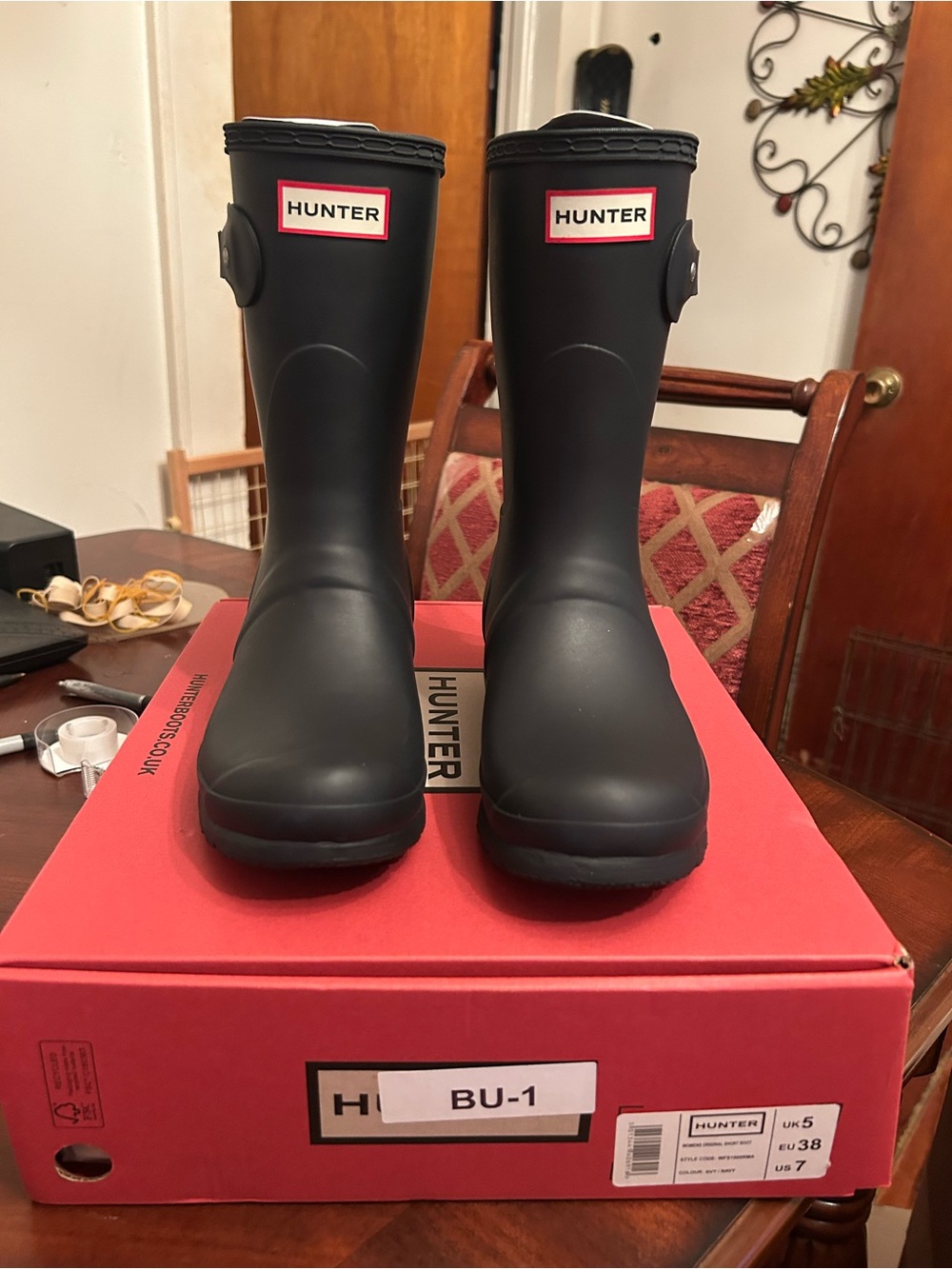 Women’s Hunter Matte Black Mid Calf Rain Boots with Red Logo